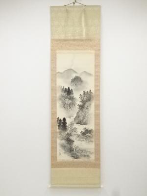 青雲筆　水墨山水図　肉筆絹本掛軸